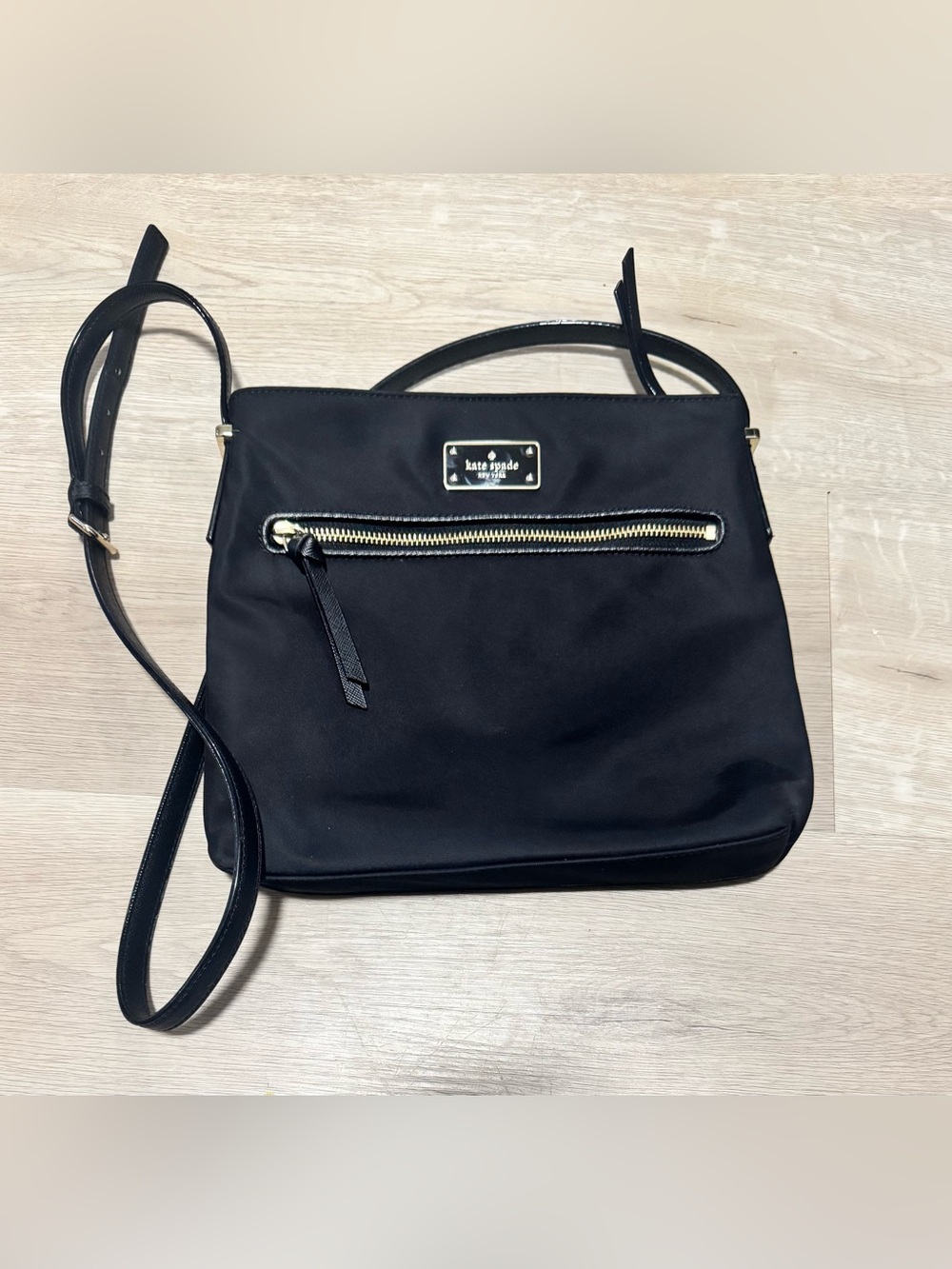 kate spade Black Nylon Crossbody with Gold Plaque and Zip